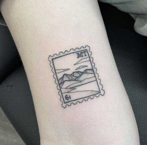 Desert Stamp Tattoo, Denver Colorado Tattoo Ideas, Mountain Postage Stamp Tattoo, Arizona Stamp Tattoo, Poststamps Vintage Tattoo, Colorado Stamp Tattoo, British Columbia Tattoo, Mountain Stamp Tattoo, Stamp Tattoo Mountains