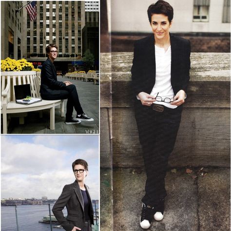 I'd dress like this even if I was female. Just look at Rachel Maddow here. DapperQ gets it. Tomboy Business Casual, Queer Style, Androgynous Women, Nerd Chic, Lesbian Outfits, Androgynous Outfits, Conservative Fashion, Fall Fashion Skirts, Lesbian Fashion