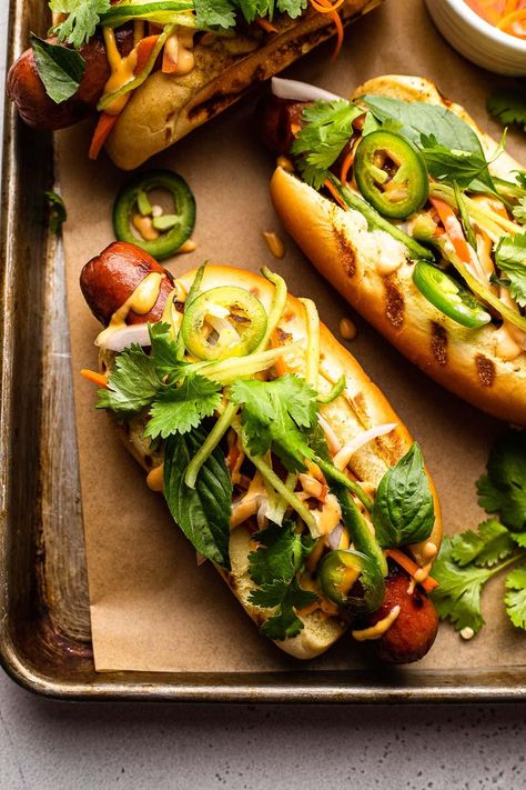 Bahn Mi Hot Dog, Banh Mi Hot Dog, Turkey Hot Dogs, Elevated Hot Dogs, Fancy Hot Dogs, Spicy Hot Dog, Hot Dogs Grilled, Bbq Hot Dogs, Hotdogs Recipes