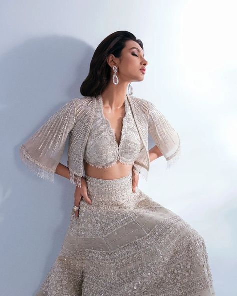 Silver Work Lehenga, Jacket Style Lehenga Wedding, Sequin Jacket Outfit, Silver Lehenga, Beige Lehenga, Embellished Lehenga, Sequin Lehenga, Jacket Lehenga, Mirror Work Lehenga