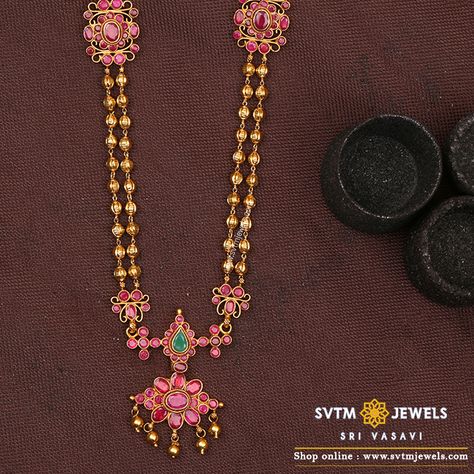 Gold Balls Haram Designs, Yellow Beads Jewelry, Traditional Long Temple Necklace With Gold Beads, Traditional Gold Long Beaded Necklace, Ruby Emerald Necklace Indian, Coral Long Chain Gold, Green Beads Long Haram Gold, Gold Beaded Long Temple Necklace, Temple Jewelry Necklace