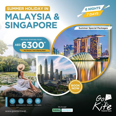 Escape to a world of tropical bliss with our exclusive summer holiday tour package to Malaysia and Singapore! With expert guides and a seamless 6 nights and 7 days journey promises to be nothing short of fascinating. Explore stunning beaches, vibrant cityscapes and delicious cuisine on this unforgettable journey. Book now and make this summer one to remember! 🏝️🛫 Travel Promotion Design, Travel Agency Poster, Poster Visit Malaysia, Malaysia Tourism Poster, Tours And Travels Creative Ads, Singapore Tour Package, Travel Banner, Travel Advertising Design, Couples Hidden Face Pics