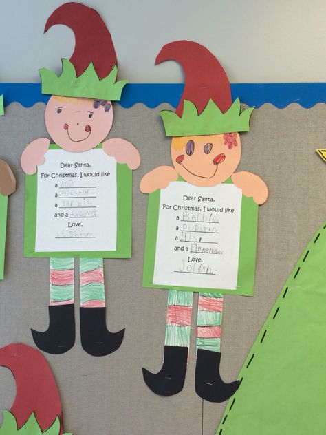 Christmas Elves we made to hold our letters to Santa Elf Craft Preschool, Art Kindergarten, Elf Letter, Santa Elves, Elf Crafts, Personalized Letters From Santa, Classroom Doors, Elf Letters, Letters To Santa