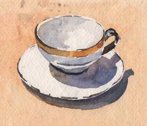 Watercolour Object Painting, Tea Cups Watercolor, Watercolour Coffee Cup, Watercolor Art Tea Cups, Watercolour Coffee Painting, Watercolor Art Coffee Cup, Watercolor Coffee Cup, Room Basket, Color Mixing Chart