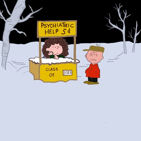 Charlie Brown in red winter coat and Peanuts styled character with brown curly hair at “Doctor Is In” booth; graduation cap design; psychology degree; snowy landscape; class of 2023 Charlie Brown Graduation Cap, Peanuts Graduation Cap, Psychology Graduation Cap, Psychology Graduation, At The Doctor, Grad Caps, Peanuts Cartoon, Graduation Cap Designs, Class Of 2023