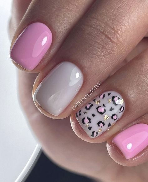 Best Short Nail Colors, Trending Nails Spring 2024, Trendy Short Nails Summer Gel, Boho Inspired Nails, Feb Nail Designs, Spring Leopard Nails, Summer Leopard Nails, Pink And Glitter Nails, Gel Nail Manicure