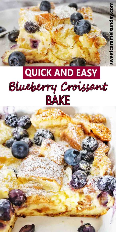 Blueberry croissant bake with fresh blueberries on white plate. There is text written between 2 images. Blueberry Croissant French Toast Bake, Blueberry Cream Cheese Croissant Bake, Croissant Blueberry Breakfast Casserole, Breakfast Blueberry Casserole, Blueberry Crossaint Puff, Blueberry Bramble Bake, Breakfast Bake With Croissants, Crossiant Dessert Recipes, Blueberry Casserole Breakfast