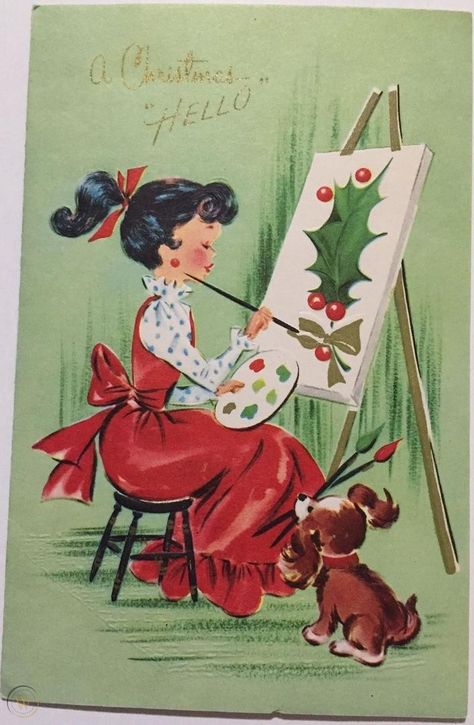 Retro Christmas Cards 1950s, Retro Christmas Cards, Art Scrapbook, Vintage Holiday Cards, Postal Vintage, Holiday Images, Vintage Christmas Images, Girl Artist, Christmas Graphics