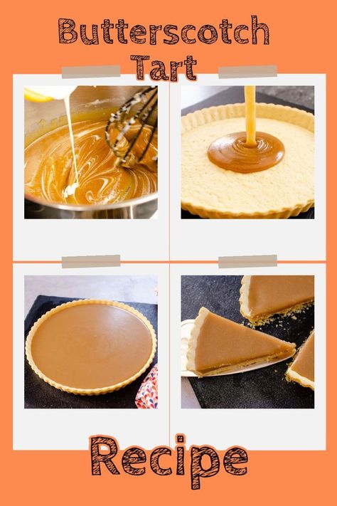 This contains: 4 images of the making of butterscotch tart whisking butter and sugar, pouring filling into tart case, final tart and a slice cut out. Butterscotch Tart Recipes, School Desserts, Butterscotch Tart, Old School Desserts, Fun Rice Krispie Treats, How To Make Toffee, Homemade Toffee, The Best Dessert, Butterscotch Pudding