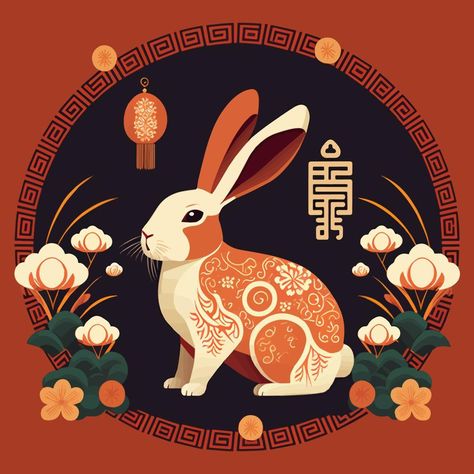 Year Of The Rabbit Illustration, Chinese Rabbit Art, Year Of The Rabbit Tattoo, Easter Illustration Design, Year Of The Rabbit Art, Lunar New Year Art, Zodiac Background, Chinese New Year Rabbit, Happy Chinese New Year 2023