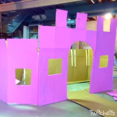 This tutorial will teach you how to make a cardboard castle using boxes you may have around your house. This cardboard project is perfect for a birthday party, a playroom, or an afternoon activity! #cardboard #castle #craftsforkids #twitchetts Diy Castle Backdrop, Diy Castle, Play Castle, Cardboard Play, Cardboard Castle, Castle Backdrop, Paint Stir Sticks, Paper Bracelet, Cardboard Design