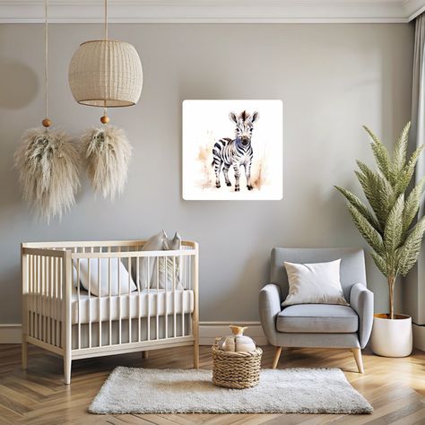 Transform your space with this charming canvas print featuring a baby zebra nestled in a whimsical woodland setting. The artwork blends soft, earthy tones with playful elements, capturing the essence of nature and innocence. Perfect for adding a touch of magic to nurseries, playrooms, or any room in need of a unique, nature-inspired touch. Nursery Earthy, African Animal Nursery, Zebra Wallpaper Nursery, Neutral Safari Nursery Artwork, Elephant Nursery Mural, Zebra Nursery Art, Zebra Wall Art, Baby Zebra, Animal Decor