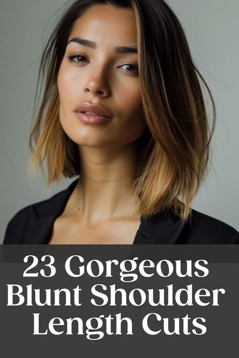 Woman with shoulder-length blunt haircut, captioned "23 Gorgeous Blunt Shoulder Length Cuts". Shoulder Length Haircut, Shoulder Length Haircuts, Good Curling Irons, Classic Bob, Hair Textures, Short Neck, Different Hair Types, Lob Hairstyle, Lob Haircut