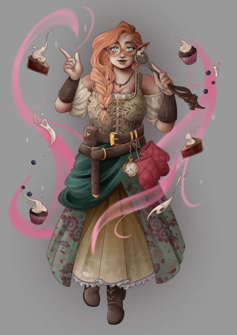 Dnd Baker, Dnd Chef Character, Female Bard Character Design, Mom Of The Group, Half Elf Woman, Female Gnome Dnd, Dnd Shopkeep, Rock Gnome Dnd Female, Firbolg Woman Dnd