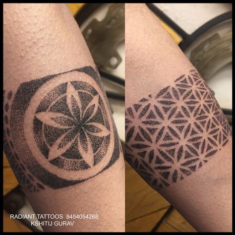 Arm band tattoo of The flower of life ;) Artist : Kshitij Gurav The flower of life is a geometrical shape composed of multiple evenly-spaced, overlapping circles arranged in a flower like pattern with six fold symmetry like a hexagon. The perfect form, proportion and harmony of the FOL has been known to philosophers, architects and artist around the world. Pagans consider it to be sacred geometry containing ancient religious value depicting the fundamental forms of space and time. In the pagan Sacred Geometry Arm Band Tattoo, Tattoo Arm Band, Sculpture Tattoo, Geometric Tattoo Sleeve Designs, Tattoos Black, Overlapping Circles, The Flower Of Life, Sacred Geometry Tattoo, Summer Tattoo