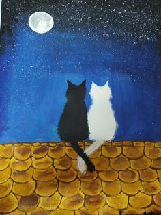 Cat Moon Painting, Cute Cat Canvas Painting Easy, Couple Painting Aesthetic Easy, Cats Canvas Painting, Kitten Painting Easy, Trendy Canvas Art, 2 Cats Painting, Easy Painting Ideas On Canvas Love, Simple Cat Painting Acrylic