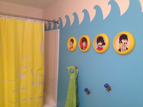 Kids "Yellow Submarine" bathroom #Beatles #decor Yellow Submarine Decorations, Yellow Submarine Bathroom, Yellow Submarine Nursery, The Beatles Nursery, The Beatles Decor, Beatles Bathroom, Beatles Room Decor, Submarine Bathroom, Cute Kids Bathroom