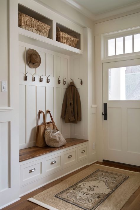 Get a vintage-inspired board and batten wall in your home by following these 15 tips. Mudroom Ideas Entryway Board And Batten, Board And Batten Wall With Coat Hooks, Entry Way Hooks Board And Batten, Beige Board And Batten, Farmhouse Board And Batten, Board And Batten Wall Ideas, Batten Wall Ideas, Porch Mudroom, Batten Walls