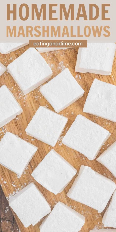 Homemade easy Marshmallows is made with the perfect amount of sweetness. They taste better than store bought marshmallows and made with pantry ingredients. Making Homemade Marshmallows is worth the time and effort to achieve soft, sweet and fluffy marshmallows. The make a great addition to all your hot drinks and desserts. #eatingonadime #homemademarshmallows #easyrecipe How To Make Vegan Marshmallows, Home Made Marshmallows Recipe, Things To Make With Marshmallow Fluff, Easy Marshmallow Recipe, Diy Marshmallows, Home Made Marshmallows, Easy Marshmallows, Fluffy Marshmallows, Homemade Marshmallow Recipe