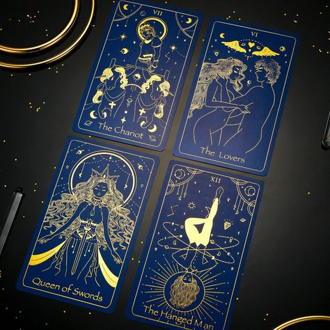 Gold Foil Tarot Cards, Blue Tarot Cards, Golden Tarot Deck, Celestial Symbols, Unique Tarot Decks, Rainbow Holographic, Rider Waite, Tarot Card Decks, Minor Arcana