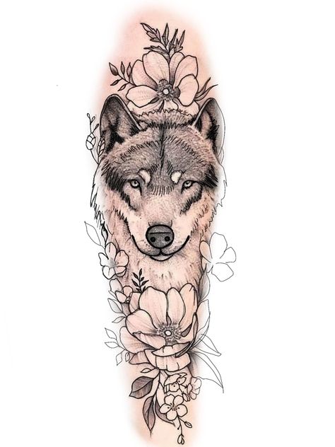 Wolf With Flowers Tattoo Design, Sketches Wolf, Wolf Tattoos For Women, Family Tattoo Designs, Girls With Sleeve Tattoos, Armband Tattoo Design, Chicano Art Tattoos, Wolf Tattoo Design, Rose Tattoo Design