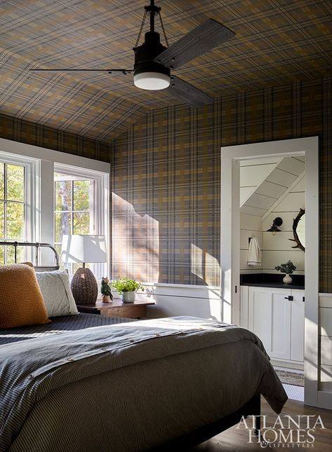 Returning Home - Atlanta Homes and Lifestyles Green And Brown Plaid Wallpaper, Plaid Wallpaper Cabin, Plaid Wallpaper On Ceiling, Teen Boys Room Wallpaper, Wallpaper Ceiling Boys Room, Plaid Wallpaper Ceiling, Plaid Ceiling Wallpaper, Mountain Cabin Wallpaper, Plaid Wallpaper Aesthetic