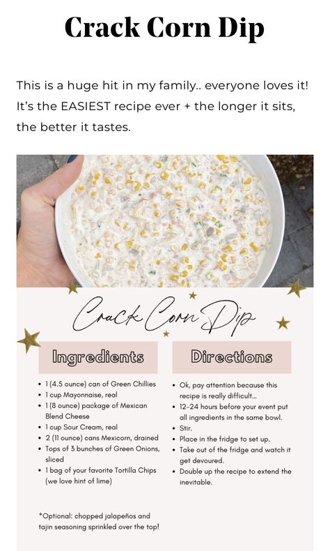 Tara Thueson, Corn Dip, Recipes Appetizers, Yummy Dips, Party Food Appetizers, Keto Dessert Recipes, Best Appetizers, Appetizer Dips, Appetizer Snacks