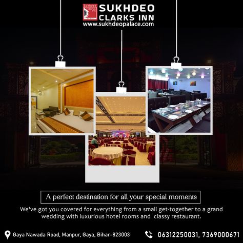 The perfect venue for your special moments Unforgettable Experiences in Elegance We are just a call away:- + 𝟗𝟏 𝟕𝟑𝟔𝟗𝟎𝟎𝟎𝟔𝟕1, 𝟎𝟔𝟑𝟏-𝟐𝟐𝟓𝟎𝟎𝟑𝟏 You can book your visit at www.sukhdeopalace.com #elegant #Wedding #momentouscelebration #luxurious #hotel #rooms #sukhdeopalace #specialday #bestrestaurantingaya #gayacity Luxurious Hotel Rooms, Convention Hall, Luxurious Hotel, Hotel Bedroom, Creative Poster, Wedding Hall, Creative Poster Design, Bedroom Hotel, Hotel Rooms