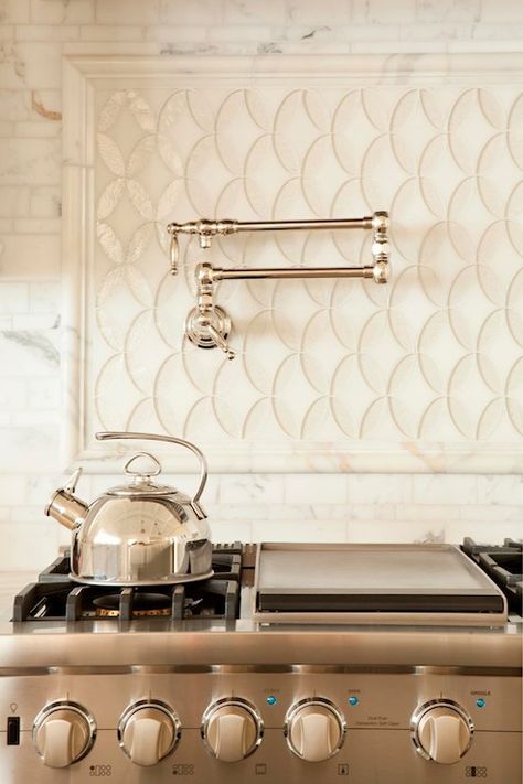 Wendi Young Design - bathrooms - stainless steel oven, stainless steel stove, pot filler faucet, pot filler, swing arm pot filler, marble mo... Pot Filler Kitchen, Fish Scale Tile, Dreamy Whites, White Backsplash, Pot Filler Faucet, Pot Filler, Up House, Kitchen Marble, Coastal Homes