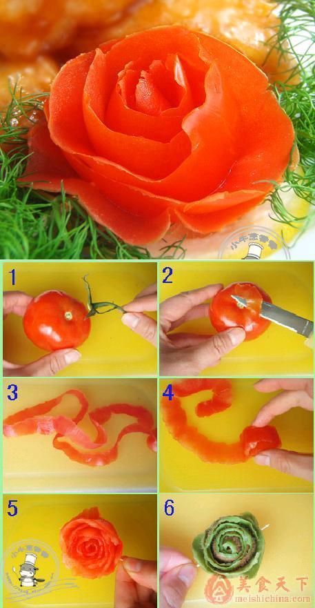 18 Interesting garnishing and food decorating Ideas...this tomato rose is easy to do with a sharp Wusthof pairing knife. And who wouldn't love an orange bicycle?: Design Cibo, Food Garnish, Fruit And Vegetable Carving, Decorações Com Comidas, Creative Food Art, Vegetable Carving, Food Carving, Fruit Carving, Food Garnishes