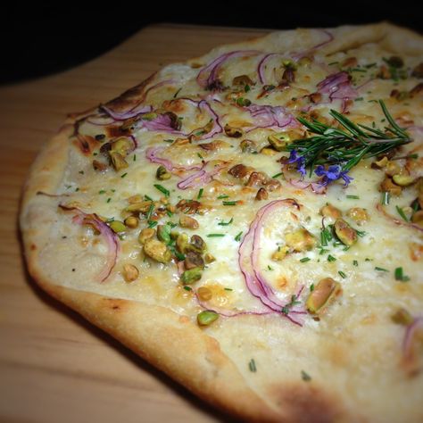 Pistachio Pizza, Rosemary Cream Sauce, Make A Pizza, Christine Elise, Onion Pizza, Pistachio Cream, How To Make Pizza, Red Onions, My Past