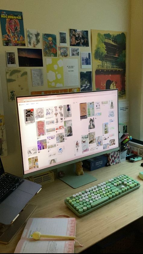 Desk Computer Aesthetic, Sage Green Desk Setup, Aesthetic Desktop Setup, Monitor Setup Aesthetic, Organization Desk Aesthetic, Samsung M8 Monitor, Aesthetic Monitor, Green Desk Aesthetic, Monitor Aesthetic