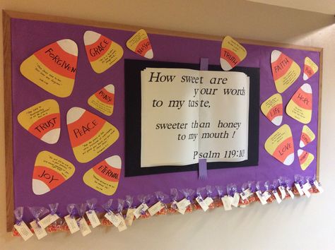 My October school - church bulletin board. Gods word. Candy corn. Little baggies at bottom of board each have separate bible verse about gods word and a students name, to be given to them on the last day of school in oct. Each large corn has word then bible verse about the word. Christian Halloween Bulletin Boards, Candy Corn Bulletin Board, Sunday School Fall Bulletin Boards, October Church Bulletin Board Ideas, Candy Corn Bulletin Board Ideas, Pumpkin Bulletin Board Ideas Preschool, Fall Christian Bulletin Boards, Christian Fall Bulletin Board Ideas, Fall Sunday School Bulletin Boards