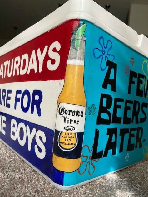 15 Painted Cooler Ideas That Are Perfect For Fraternities Painted Cooler Ideas, Cooler Ideas Fraternity, Mountain Weekend Cooler, Painted Fraternity Coolers, Nola Cooler, Fraternity Cooler, Painted Coolers, Sorority Socials, Formal Cooler Ideas