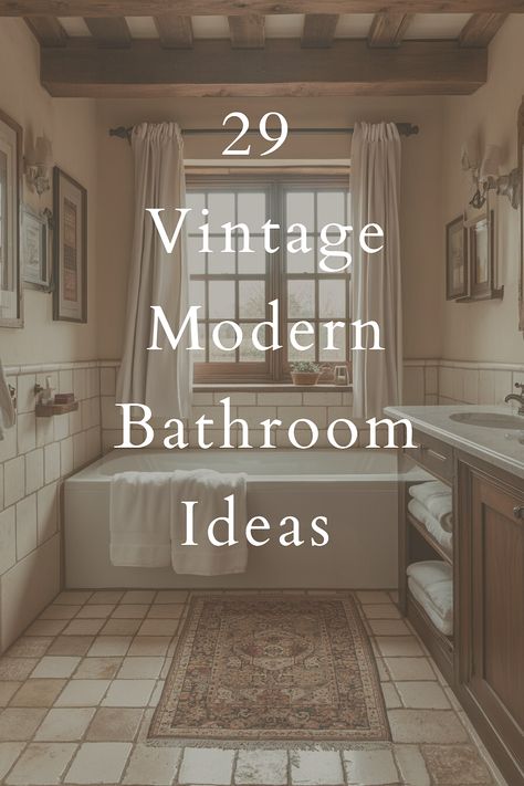 Elevate your bathroom with luxurious vintage modern decor! These 29 ideas feature ornate mirrors, marble finishes, and retro-inspired lighting to create a refined and relaxing retreat. #LuxuryBathroom #VintageModern #ElegantSpaces Art Deco Style Bathrooms, Bathroom Decor Remodel Ideas, Bathroom With Antique Brass Fixtures, Victorian Master Bath Ideas, Italian Small Bathroom, Penny Tile Clawfoot Tub, Vintage Taps Bathroom, Vintage Bathroom Vanity Mirror, Vintage Mirror Bathroom Vanities