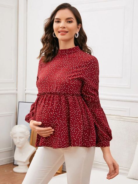 Maternity Mock-neck Frill Trim Lantern Sleeve Polka Dot Top | SHEIN USA Maternity Blouses, Pregnant Women Fashion, Clothing Blouses, Prego Outfits, Cute Maternity Dresses, Shein Maternity, Spring Maternity, Dresses For Pregnant Women, Preggo Fashion