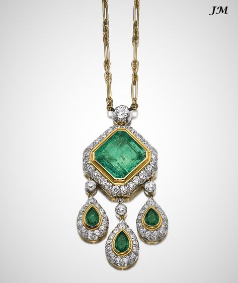 EMERAUDE AND DIAMOND PENDANT NECKLACE A necklace set with a step-cut emerald, suspending three removable pear-shaped emerald pendants, framed by circle-cut diamonds, at the end of a chain, which in my opinion could have been more beautiful. The emeralds can be worn as brooches or earrings. mm Emerald Pendant Necklace, Emerald Necklace Pendant, Emerald Pendant, Emerald Necklace, Diamond Pendant Necklace, Pendant Set, Pear Shaped, Diamond Pendant, Long Necklace