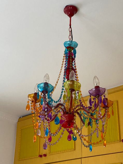 Funky Light Fixtures, Maximalist Rooms, Crystal Projects, Yellow Chandelier, Corner Bed, Colorful Chandelier, Bed In Corner, Chicken Garden, Dance It Out