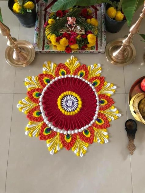 Rongali Design Diwali With Flowers, Rangolies For Diwali, Normal Rangoli Design, Rangoli Designs Deepavali, Minimalist Rangoli, Rangoli Designs With Diyas, Traditional Rangoli Designs Diwali, New Rangoli Designs Creativity Easy, Rangoli Designs 2024