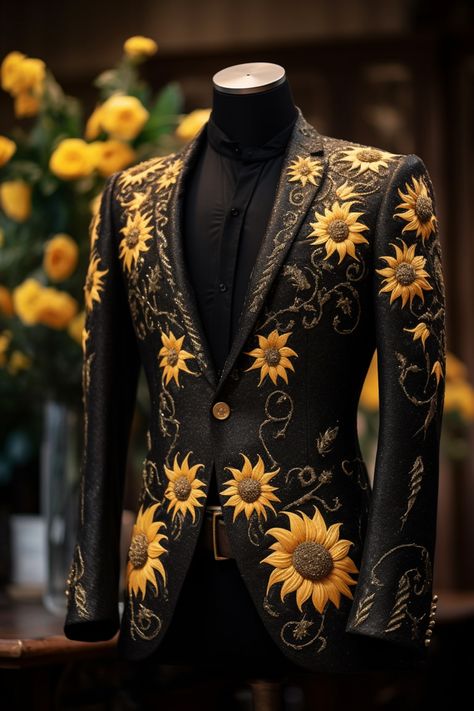 Sunflower inspired suit Sunflower Suit Men, Sun Outfits Men, Flower Outfits Men, Black And Gold Casual Outfit, Sunflower Wedding Dress, Suits Drama, Historical Dresses Victorian, Merry Gentry, Masquerade Ball Costume