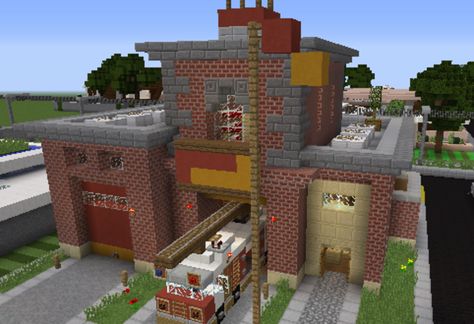 Fire Station - GrabCraft - Your number one source for MineCraft buildings, blueprints, tips, ideas, floorplans! Minecraft Mountain House, Villa Minecraft, Minecraft Modern City, Minecraft Building Blueprints, Modern Minecraft Houses, Minecraft City Buildings, Minecraft Cheats, Minecraft Modern, Diy Minecraft