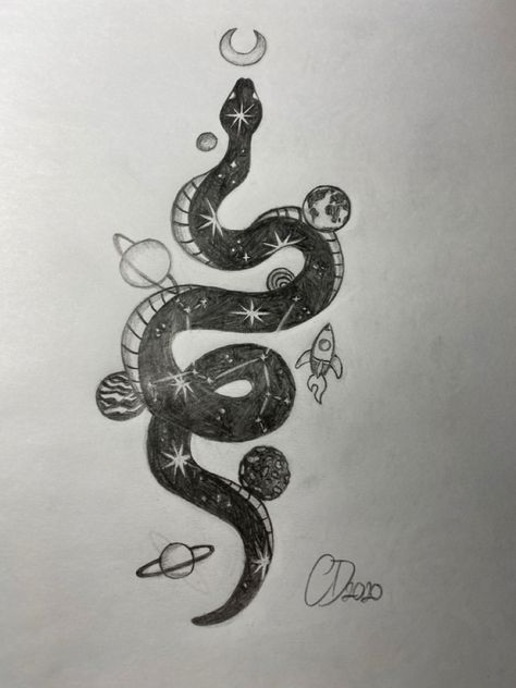 Aster Tattoo, Snake Tattoos, Galaxy Tattoo, Space Tattoo, Space Aliens, Snake Tattoo, Outer Space, Snakes, Pencil Drawings