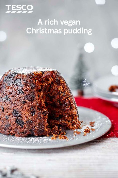 Traditional Christmas pudding has had a vegan makeover, so now everyone can indulge in a slice of this fruity festive classic. Packed with all the original spices and dried fruits, this rich and aromatic pud is completely dairy-free and egg-free. | Tesco Xmas Pudding, Christmas Pudding Recipes, Vegan Christmas Recipes, Tesco Real Food, Vegan Candies, Vegan Cake Recipes, Vegan Christmas, Christmas Dishes, Pudding Recipe