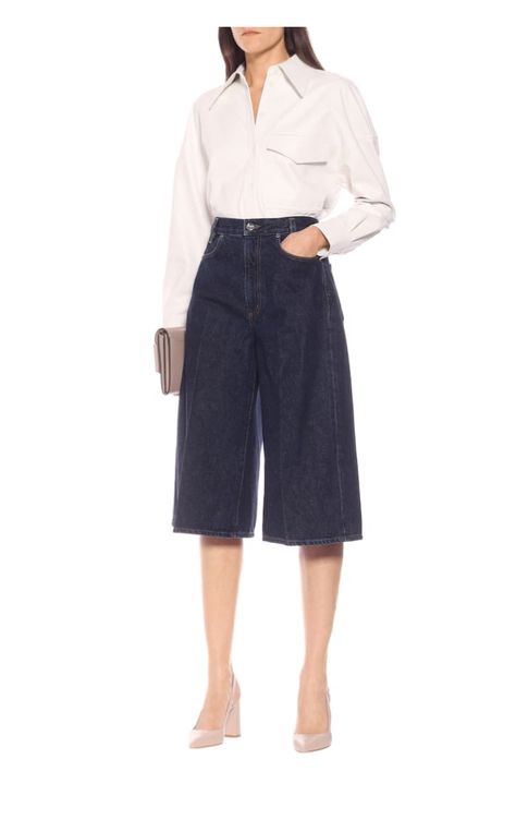 Culottes Outfit, Denim Culottes, Dark Indigo, Leather Shirt, High Rise Shorts, High Rise Denim, Calf Hair, Leather Pumps, Alternative Fashion