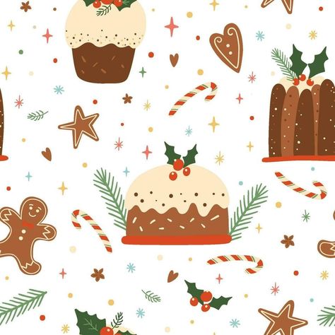 Christmas dessert seamless pattern. Vector Christmas holiday pudding, food, gingerbread, stars repeat background. Decorative baked Christmas cake wallpaper, wrap paper, cute childish textile design. Holiday Pudding, Christmas Cupcake Cake, Cake Wallpaper, Paper Cute, Christmas Illustrations, Vector Christmas, Christmas Dessert, House Illustration, Christmas Cupcakes