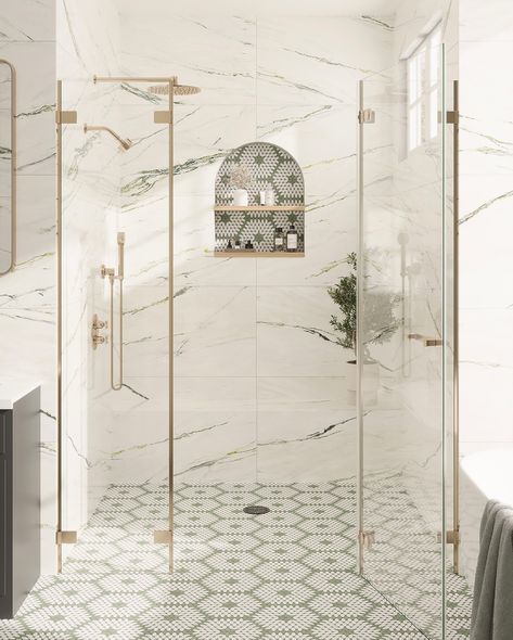 We take shower tile very seriously! Swipe through to see some of our favorite designs and let us know which one catches your eye—1, 2, 3, or 4? Leave a comment below with your favorite! 1. Emporio Calacatta Green with Santorini Green & White Petals floor and niche 2. Panorama White Marbled Peak porcelain tile walls with Emporio Calacatta Gold porcelain mosaic floor 3. Sultana Celeste Green walls with Sultana Stella Crema floor tiles 4. Panorama Birch Grove porcelain tiles with Emporio Si... Large Scale Bathroom Tile, Large Marble Tile Shower Walls, Large Format Shower Tile, Porcelain Shower Walls, Bathroom Flooring Ideas Tile, Large Tile Shower Ideas, Porcelain Tile Floor Living Room, Large Tile Shower, Calacatta Green