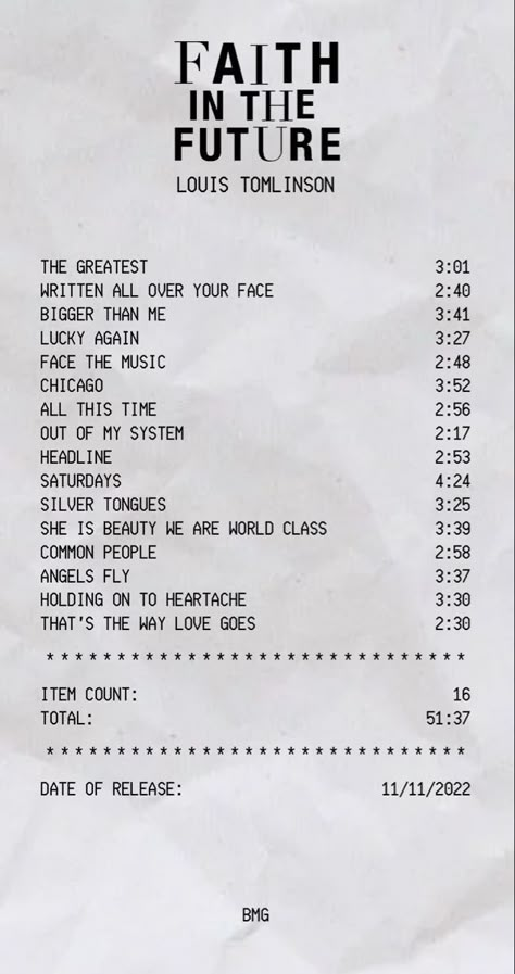 Faith In The Future Receipt, Faith In The Future Louis Tomlinson Aesthetic, Louis Tomlinson Faith In The Future Wallpaper, Faith In The Future Lyrics, Louis Tomlinson Phone Cases, Louis Tomlinson Faith In The Future, Music Album Receipts, Louis Tomlinson Concert Outfit Ideas Faith In The Future, Faith In The Future Wallpaper