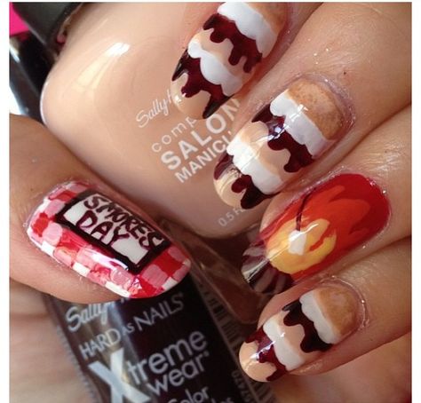 Smores Bonfire, Azusa Barbie, Nails Fresh, Barbie Nail, Food Nail Art, Food Nails, Witch Nails, Japanese Nail Art, Cute Acrylic Nail Designs