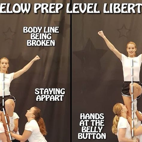 Cheer IQ on Instagram: "One more liberty round ‼️ . Liberty below the prep level do’s and don’ts and here💯 . Flyers, make sure your line is straight and your body is tight. Your arms are in a nice high V and your leg is extended✅ . You should never bend the legs, lean to the sides or loosen your body. This will make a stunt a lot harder for the bases❌ . Bases, stane close together in order to control the flyer. You elbows should form about 90-degree angle and should stay on the belly button hei Cheer Coach, Cheer Coaches, 90 Degree, Free Time, Belly Button, Cheerleading, Bend, The Whole, Coaching