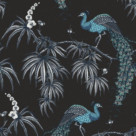 127 Likes, 6 Comments - Wallpaperdirect (@wallpaperdirect) on Instagram: “Loving this new peacock wallpaper called Carmen, one of the new designs in the Fardis Paradise…” Aqua Wallpaper Black, Jewel Tone Wallpaper, Blue Black Wallpaper, Powder Bath Wallpaper, Dream Bathroom Master Baths, Decorate Furniture, Peacock Wallpaper, Coffee Artwork, Statement Wallpaper